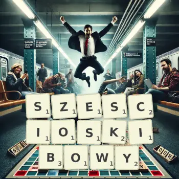 Kreatywna ilustracja do gry w Scrabble ze słowem SZESCIOSKIBOWY ułożonym z płytek na planszy.