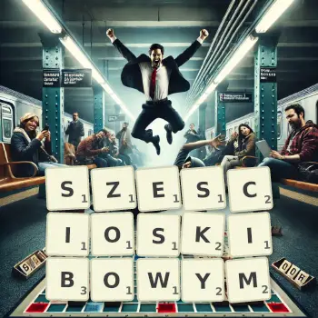 Kreatywna ilustracja do gry w Scrabble ze słowem SZESCIOSKIBOWYM ułożonym z płytek na planszy.