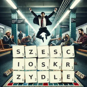 Kreatywna ilustracja do gry w Scrabble ze słowem SZESCIOSKRZYDLE ułożonym z płytek na planszy.