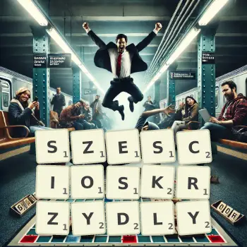 Kreatywna ilustracja do gry w Scrabble ze słowem SZESCIOSKRZYDLY ułożonym z płytek na planszy.