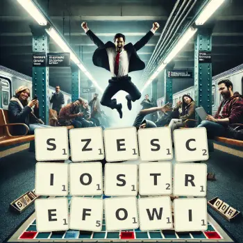 Kreatywna ilustracja do gry w Scrabble ze słowem SZESCIOSTREFOWI ułożonym z płytek na planszy.