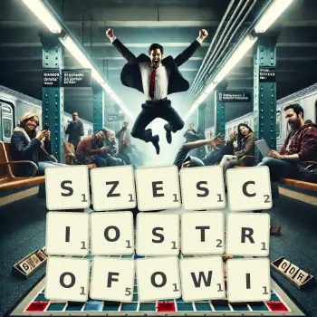 Kreatywna ilustracja do gry w Scrabble ze słowem SZESCIOSTROFOWI ułożonym z płytek na planszy.