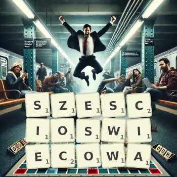 Kreatywna ilustracja do gry w Scrabble ze słowem SZESCIOSWIECOWA ułożonym z płytek na planszy.