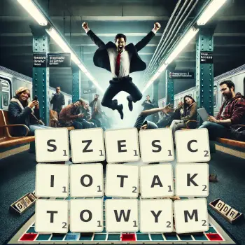 Kreatywna ilustracja do gry w Scrabble ze słowem SZESCIOTAKTOWYM ułożonym z płytek na planszy.