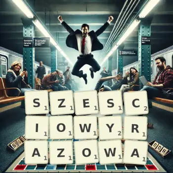 Kreatywna ilustracja do gry w Scrabble ze słowem SZESCIOWYRAZOWA ułożonym z płytek na planszy.