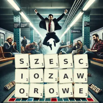 Kreatywna ilustracja do gry w Scrabble ze słowem SZESCIOZAWOROWE ułożonym z płytek na planszy.