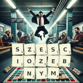 Kreatywna ilustracja do gry w Scrabble ze słowem SZESCIOZEBNYM ułożonym z płytek na planszy.