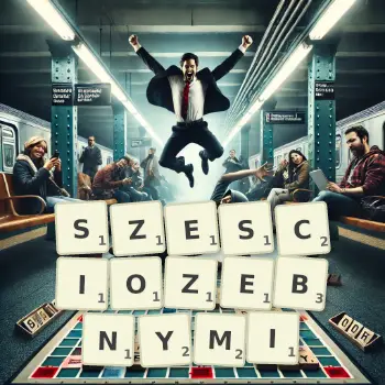 Kreatywna ilustracja do gry w Scrabble ze słowem SZESCIOZEBNYMI ułożonym z płytek na planszy.