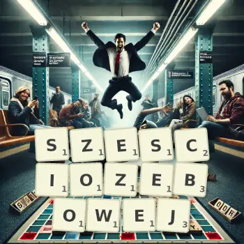 Kreatywna ilustracja do gry w Scrabble ze słowem SZESCIOZEBOWEJ ułożonym z płytek na planszy.