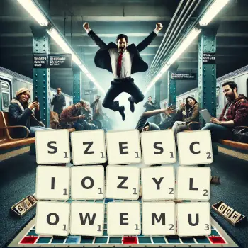 Kreatywna ilustracja do gry w Scrabble ze słowem SZESCIOZYLOWEMU ułożonym z płytek na planszy.
