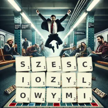 Kreatywna ilustracja do gry w Scrabble ze słowem SZESCIOZYLOWYMI ułożonym z płytek na planszy.