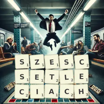 Kreatywna ilustracja do gry w Scrabble ze słowem SZESCSETLECIACH ułożonym z płytek na planszy.