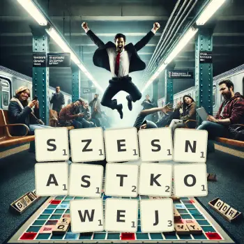 Kreatywna ilustracja do gry w Scrabble ze słowem SZESNASTKOWEJ ułożonym z płytek na planszy.