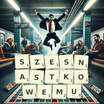 Kreatywna ilustracja do gry w Scrabble ze słowem SZESNASTKOWEMU ułożonym z płytek na planszy.