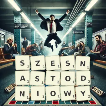 Kreatywna ilustracja do gry w Scrabble ze słowem SZESNASTODNIOWY ułożonym z płytek na planszy.