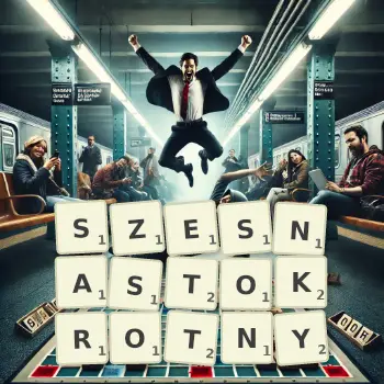 Kreatywna ilustracja do gry w Scrabble ze słowem SZESNASTOKROTNY ułożonym z płytek na planszy.