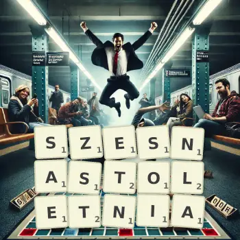 Kreatywna ilustracja do gry w Scrabble ze słowem SZESNASTOLETNIA ułożonym z płytek na planszy.