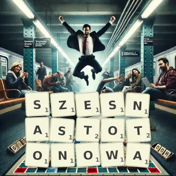 Kreatywna ilustracja do gry w Scrabble ze słowem SZESNASTOTONOWA ułożonym z płytek na planszy.