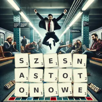 Kreatywna ilustracja do gry w Scrabble ze słowem SZESNASTOTONOWE ułożonym z płytek na planszy.