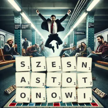 Kreatywna ilustracja do gry w Scrabble ze słowem SZESNASTOTONOWI ułożonym z płytek na planszy.