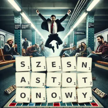 Kreatywna ilustracja do gry w Scrabble ze słowem SZESNASTOTONOWY ułożonym z płytek na planszy.