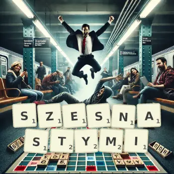 Kreatywna ilustracja do gry w Scrabble ze słowem SZESNASTYMI ułożonym z płytek na planszy.