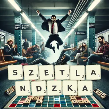 Kreatywna ilustracja do gry w Scrabble ze słowem SZETLANDZKA ułożonym z płytek na planszy.