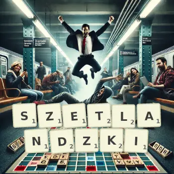 Kreatywna ilustracja do gry w Scrabble ze słowem SZETLANDZKI ułożonym z płytek na planszy.