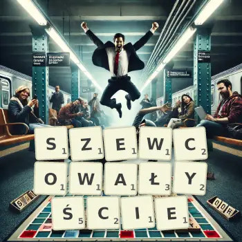 Kreatywna ilustracja do gry w Scrabble ze słowem SZEWCOWAŁYŚCIE ułożonym z płytek na planszy.