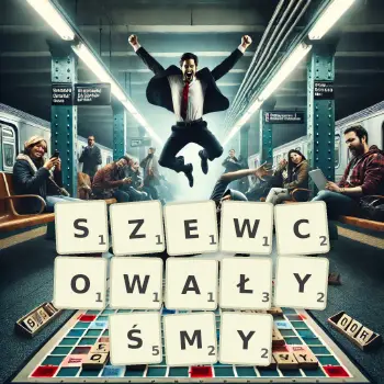 Kreatywna ilustracja do gry w Scrabble ze słowem SZEWCOWAŁYŚMY ułożonym z płytek na planszy.