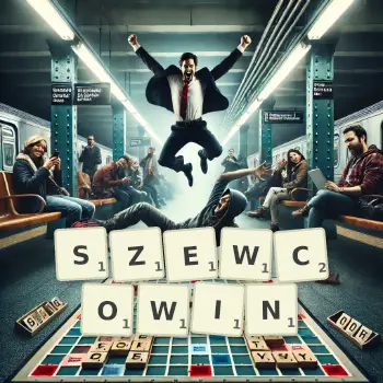 Kreatywna ilustracja do gry w Scrabble ze słowem SZEWCOWIN ułożonym z płytek na planszy.