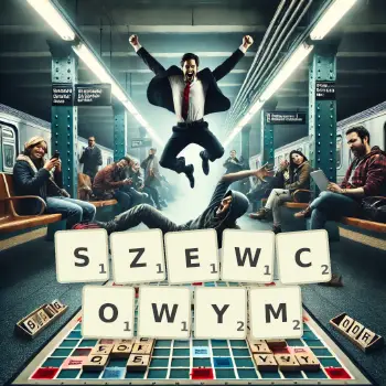 Kreatywna ilustracja do gry w Scrabble ze słowem SZEWCOWYM ułożonym z płytek na planszy.