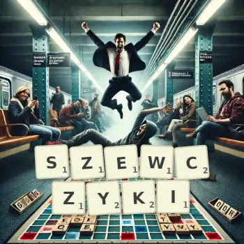 Kreatywna ilustracja do gry w Scrabble ze słowem SZEWCZYKI ułożonym z płytek na planszy.