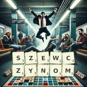Kreatywna ilustracja do gry w Scrabble ze słowem SZEWCZYNOM ułożonym z płytek na planszy.