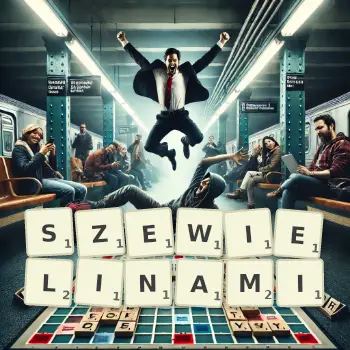 Kreatywna ilustracja do gry w Scrabble ze słowem SZEWIELINAMI ułożonym z płytek na planszy.