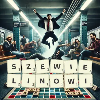 Kreatywna ilustracja do gry w Scrabble ze słowem SZEWIELINOWI ułożonym z płytek na planszy.