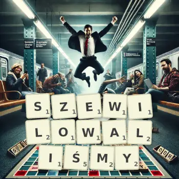 Kreatywna ilustracja do gry w Scrabble ze słowem SZEWILOWALIŚMY ułożonym z płytek na planszy.