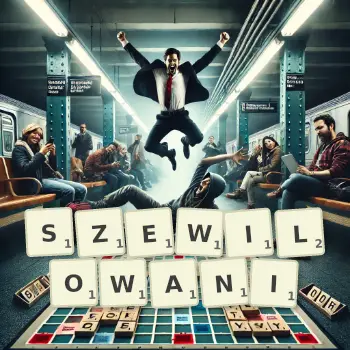 Kreatywna ilustracja do gry w Scrabble ze słowem SZEWILOWANI ułożonym z płytek na planszy.