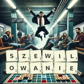 Kreatywna ilustracja do gry w Scrabble ze słowem SZEWILOWANIE ułożonym z płytek na planszy.