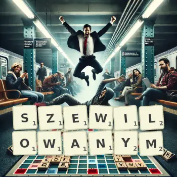 Kreatywna ilustracja do gry w Scrabble ze słowem SZEWILOWANYM ułożonym z płytek na planszy.