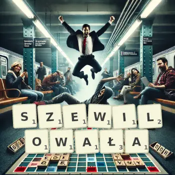 Kreatywna ilustracja do gry w Scrabble ze słowem SZEWILOWAŁA ułożonym z płytek na planszy.