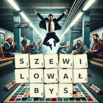Kreatywna ilustracja do gry w Scrabble ze słowem SZEWILOWAŁBYŚ ułożonym z płytek na planszy.