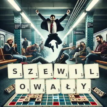Kreatywna ilustracja do gry w Scrabble ze słowem SZEWILOWAŁY ułożonym z płytek na planszy.