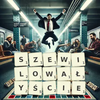 Kreatywna ilustracja do gry w Scrabble ze słowem SZEWILOWAŁYŚCIE ułożonym z płytek na planszy.