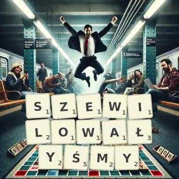 Kreatywna ilustracja do gry w Scrabble ze słowem SZEWILOWAŁYŚMY ułożonym z płytek na planszy.