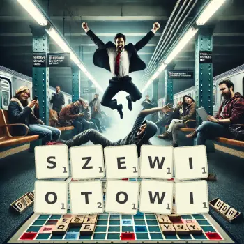 Kreatywna ilustracja do gry w Scrabble ze słowem SZEWIOTOWI ułożonym z płytek na planszy.