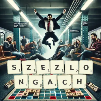 Kreatywna ilustracja do gry w Scrabble ze słowem SZEZLONGACH ułożonym z płytek na planszy.