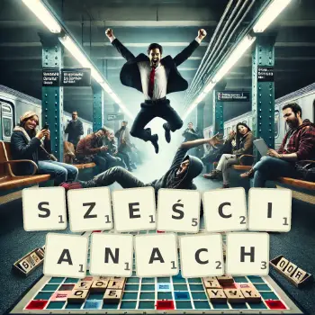 Kreatywna ilustracja do gry w Scrabble ze słowem SZEŚCIANACH ułożonym z płytek na planszy.