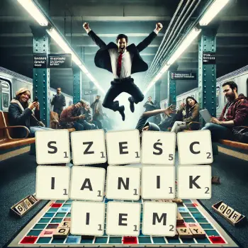 Kreatywna ilustracja do gry w Scrabble ze słowem SZEŚCIANIKIEM ułożonym z płytek na planszy.