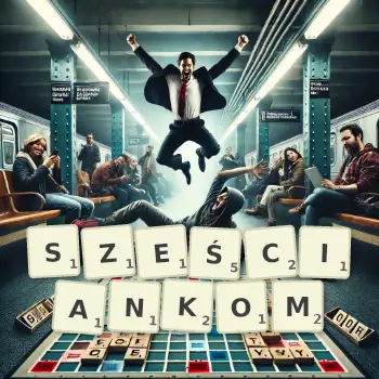 Kreatywna ilustracja do gry w Scrabble ze słowem SZEŚCIANKOM ułożonym z płytek na planszy.